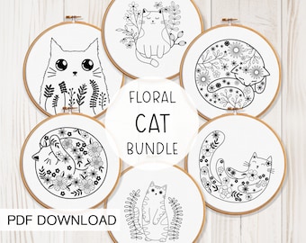 May include: A set of six embroidery patterns featuring cats with floral designs. The patterns are in black and white and are perfect for embroidery projects. The patterns are called "Floral Cat Bundle" and are available as a PDF download.