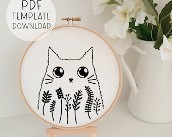 Modello di disegno di ricamo di gattino carino, Scarica modello di ricamo di gatto, ricamo di gatto semplice, disegno di gatto di ricamo per principianti, PDF digitale