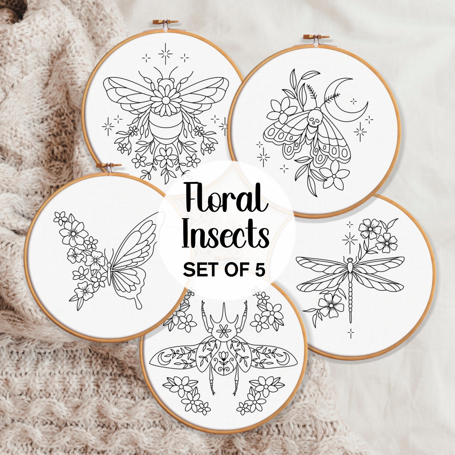 Floral Insects Embroidery Pattern BUNDLE, Butterfly Design, Bee ...