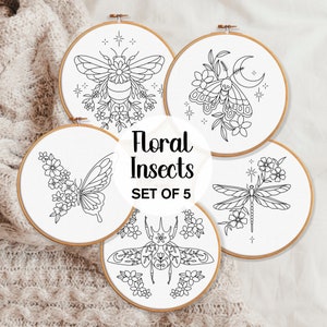 Floral Insects Embroidery Pattern BUNDLE, Butterfly Design, Bee Embroidery PDF, Dragonfly Needlepoint, Ornamental Beetle, Moth Embroidery