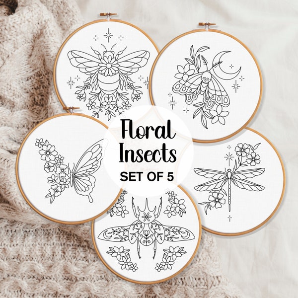 Floral Insects Embroidery Pattern BUNDLE, Butterfly Design, Bee Embroidery PDF, Dragonfly Needlepoint, Ornamental Beetle, Moth Embroidery