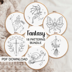 Fantasy Embroidery Pattern BUNDLE, Hand Embroidery Patterns Whimsical Embroidery Magic Embroidery Witchy Embroidery Fairy Wings Pattern