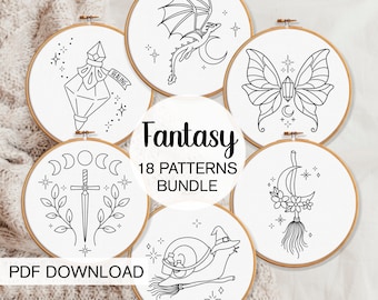 May include: A set of 18 embroidery patterns featuring fantasy themes. The patterns include a dragon, a butterfly, a potion bottle, a sword, a moon and stars, a broom, and a snail. The patterns are available as a PDF download. "Fantasy 18 Patterns Bundle" is written on the image.