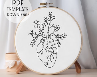 Anatomical Heart Embroidery Pattern Template Heart Needlepoint Pattern Heart Embroidery Download Floral Embroidery Pattern Instant Download