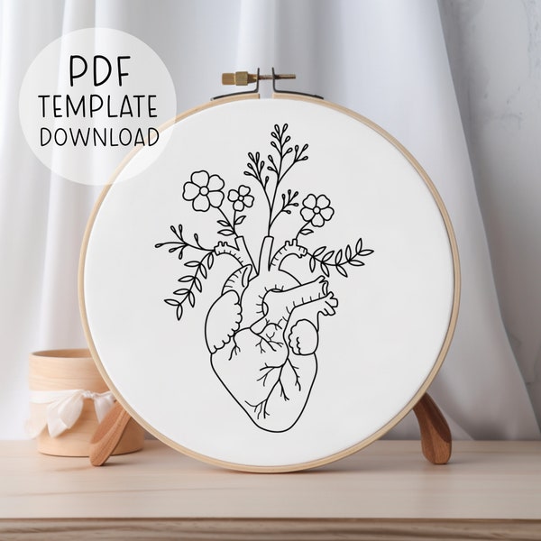 Anatomical Heart Embroidery Pattern Template Heart Needlepoint Pattern Heart Embroidery Download Floral Embroidery Pattern Instant Download