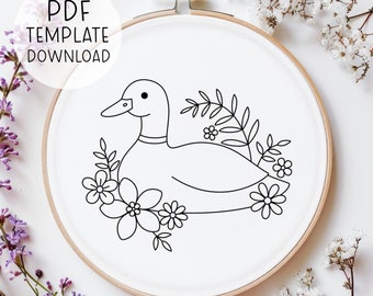Duck Floral Embroidery Pattern Download, Cottagecore Duck Embroidery Design, Cute Spring Embroidery Design, Spring Decor, Handmade Decor Art