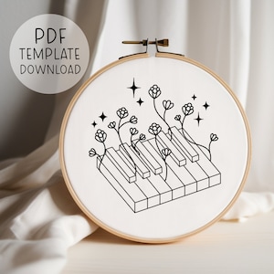 Motif de broderie Floral Piano Keys PDF DOWNLOAD, couture, bricolage broderies modernes excentriques art mural pianiste amateur de musique