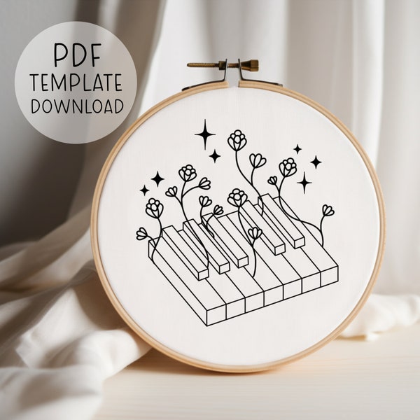 Floral Piano Keys embroidery pattern PDF DOWNLOAD, stitching, DIY quirky modern embroideries wall art music lover pianist