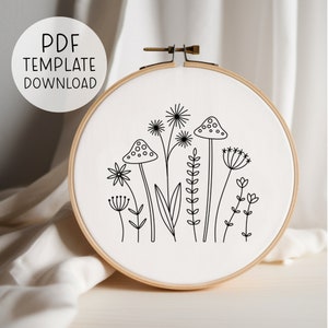 May include: Black and white embroidery pattern of mushrooms and wildflowers on a white background. The pattern is in a hoop.