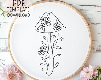 花のキノコの刺繍パターンテンプレート、キノココアの刺繍デザイン気まぐれな刺繍のダウンロード、森の刺繍のPDFパターン