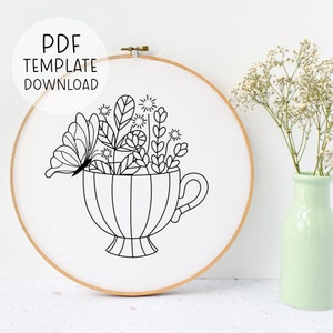 Tea Embroidery Pattern Instant Download Teacup Embroidery DIY Embroidery Hoop Pattern Download Embroidery Gift For Tea Lover Tea Gift