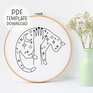 Celestial Cat Embroidery Pattern Instant Download Cat Lover Embroidery, Cat Embroidery Pattern, Stars Embroidery Design, Gift For Cat Lover