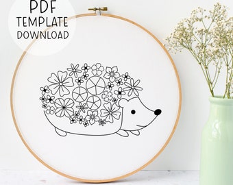 Floral Hedgehog Embroidery Pattern Template Hedgehog Needlepoint Pattern Cute Embroidery Download Woodland Embroidery Hedgehog Embroidery