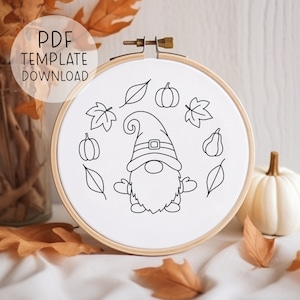 Thanksgiving Gnome Embroidery Pattern Download, Cute Fall Gnome Embroidery Art, Autumn Embroidery, Handmade Fall Embroidery Gnome Pattern
