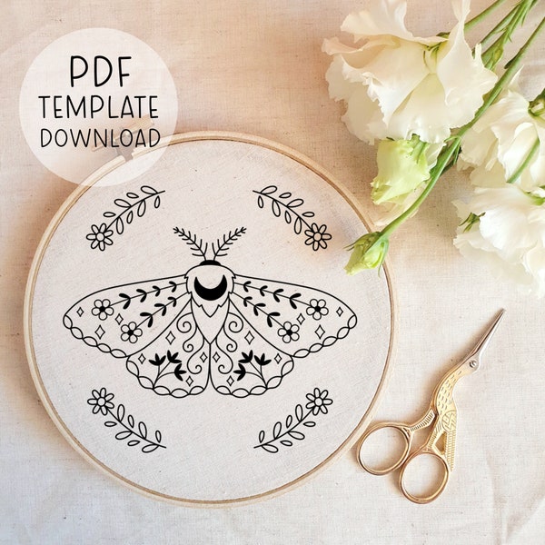 Moth Embroidery Pattern Download, Insect Embroidery Design, Aesthetic Moth Embroidery, Moth PDF Embroidery Design, Unique Embroidery Pattern