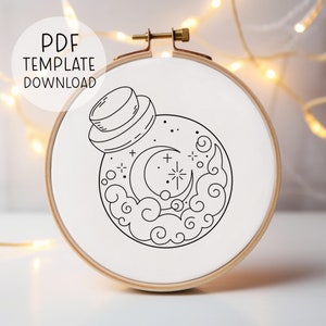 Moon In A Bottle Embroidery Pattern Download, Clouds Embroidery, Moon And Stars Embroidery Pattern, Sky Embroidery, Easy Embroidery
