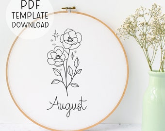 August Birth Flower Embroidery Pattern Template, Handmade Birthday Gift for August Birthday, August Embroidery Pattern, Poppy Embroidery