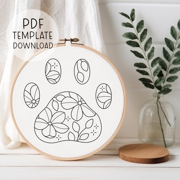 Paw Print Embroidery Pattern Design, Toe Beans Art Beginner Embroidery Download DIY Cat Embroidery, Easy Hand Embroidery Designs, Easy Craft