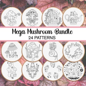 MEGA Mushroom Embroidery Pattern BUNDLE! Mushroom Hand Embroidery Patterns Whimsical Embroidery Pattern Fairy House Embroidery Cottagecore