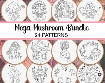 MEGA Mushroom Embroidery Pattern BUNDLE! Mushroom Hand Embroidery Patterns Whimsical Embroidery Pattern Fairy House Embroidery Cottagecore