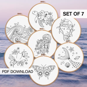 Ocean Embroidery Patterns BUNDLE, Sea Embroidery Patterns Jellyfish, Mermaid Beachy Embroidery Designs, Beach Lover, Turtle Gift Dolphin