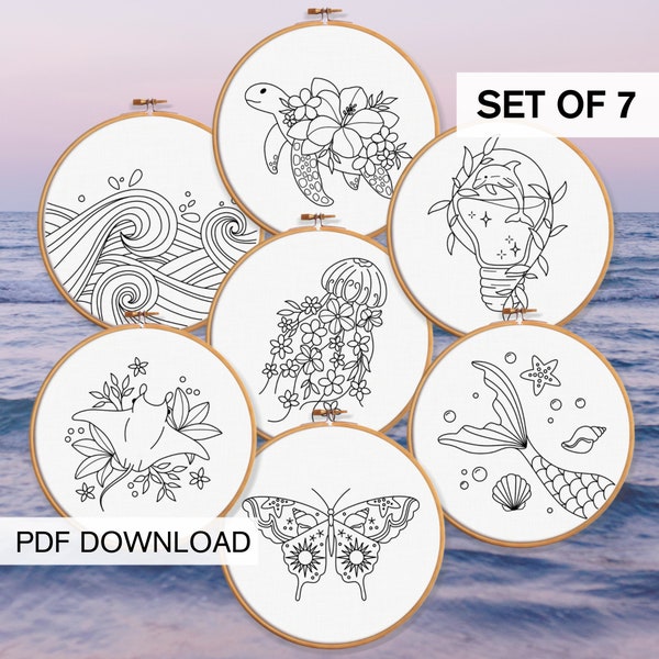 Ocean Embroidery Patterns BUNDLE, Sea Embroidery Patterns Jellyfish, Mermaid Beachy Embroidery Designs, Beach Lover, Turtle Gift Dolphin