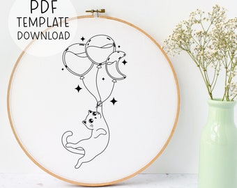 Balloons Embroidery Cat Pattern Quirky Animals Embroidery Birthday Gift For Cat Lover Embroidery Pattern For Cat Person Birthday Cat Design