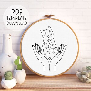 Sterne und Mond Katze Stickmuster Download Himmlische Katze Stickerei, Katze Stickmuster, Sterne Stickmuster, Geschenk für Katzendame Bild 2