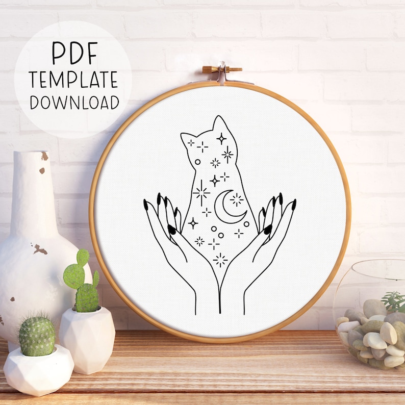 Sterne und Mond Katze Stickmuster Download Himmlische Katze Stickerei, Katze Stickmuster, Sterne Stickmuster, Geschenk für Katzendame Bild 2