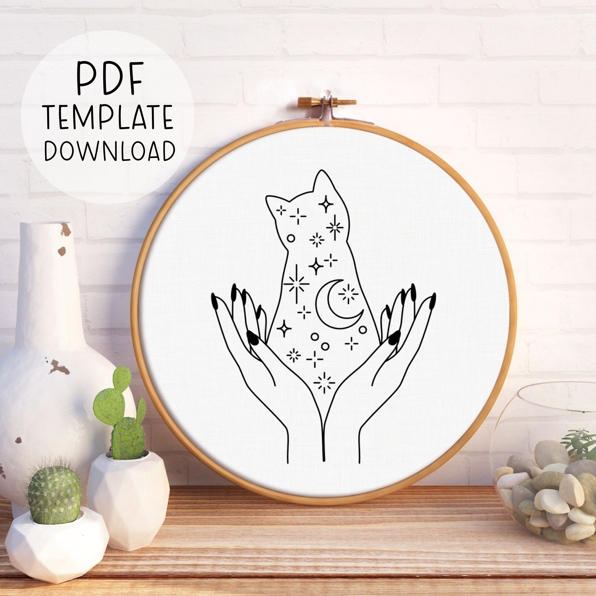 Stars and Moon Cat Embroidery Pattern Download Celestial Cat Embroidery ...