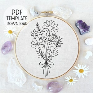 May include: A black and white embroidery pattern of a bouquet of flowers with a ladybug in the center. The pattern is on a white fabric background in a wooden embroidery hoop.