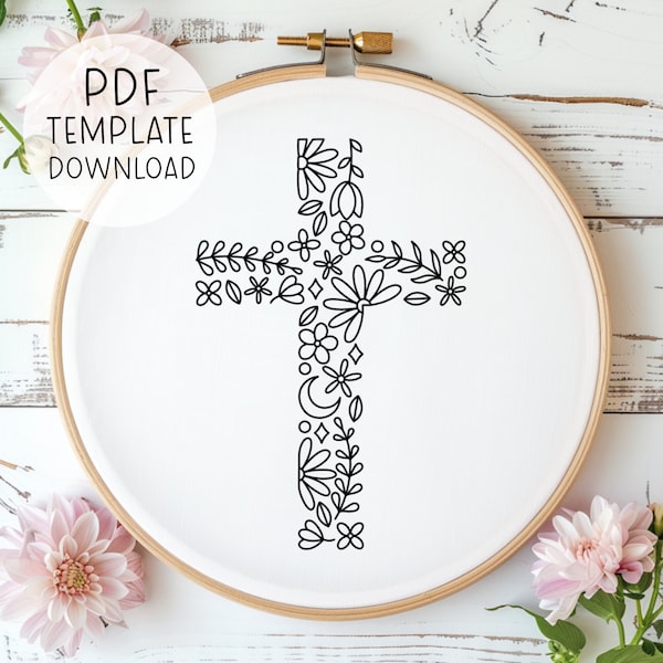 Cross Floral Embroidery Pattern Download, Easter Cross Embroidery Design, Cute Christian Hand Embroidery Pattern, Easter Home Decor