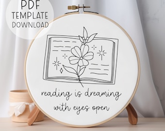 Book Quote Embroidery Pattern Download, Reading Book Decor, Book Hand Embroidery PDF, DIY Embroidery Book Design, Quote Book Lover Gift Idea