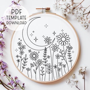 Flowers Under The Moon Embroidery Pattern, Floral Celestial Embroidery, Moon Pattern Embroidery Whimsical Hand Embroidery Detailed Pattern