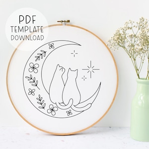 Cat Lover Embroidery Pattern Download, Crescent Moon Embroidery Pattern Luna Cat Hand Embroidery Easy Embroidery Cat Lady Embroidery Pattern