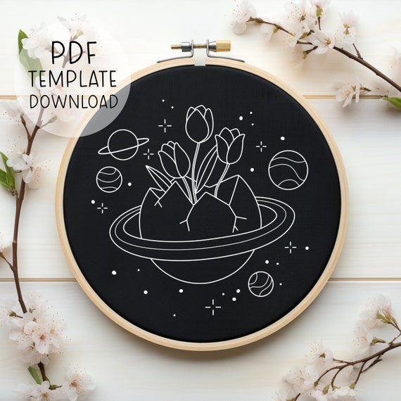 Planet Flowers Embroidery Pattern, Universe Embroidery