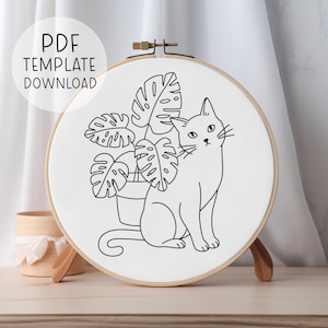 Plant Cat Embroidery Pattern, Monstera Embroidery Pattern PDF, Cat Lady Handmade Gift, DIY, Beginner Cat Needlepoint Gift For Plant Lover