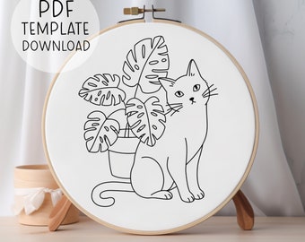 Plant Cat Embroidery Pattern, Monstera Embroidery Pattern PDF, Cat Lady Handmade Gift, DIY, Beginner Cat Needlepoint Gift For Plant Lover