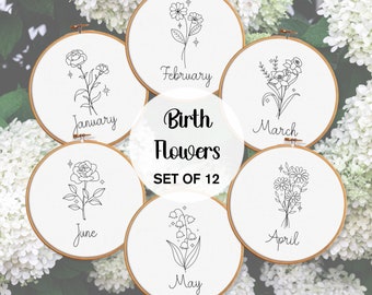 Birth Flowers Embroidery Pattern BUNDLE Beginner Hand Embroidery Patterns Birthday Embroidery Gift For Her Download Astrology Embroidery