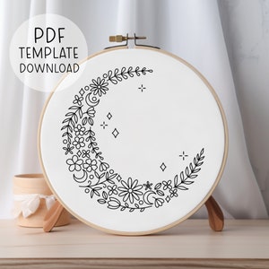 Flower Moon Embroidery Pattern Download, Floral Celestial Embroidery, Moon Pattern Embroidery Whimsical Embroidery, Detailed Embroidery Art