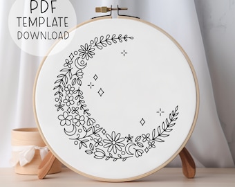 Blume Mond Stickmuster Download, florale himmlische Stickerei, Mondmuster Stickerei wunderliche Stickerei, detaillierte Stickkunst