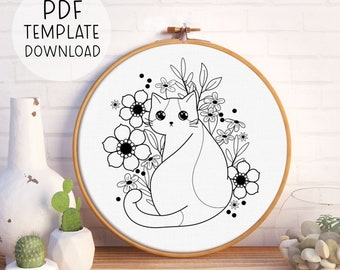 Modello di ricamo dettagliato del giardino dei gatti, modello di ricamo scaricabile, disegno di ricamo di gatto carino, modello di ricamo di gatto floreale