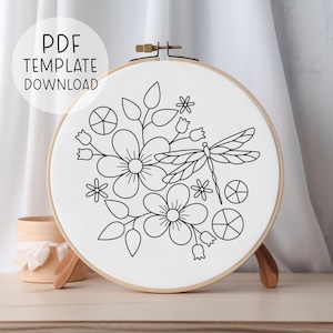 Floral Dragonfly Embroidery Pattern Download, Insect Embroidery Design, Aesthetic Decor Dragonflies Embroidery Design, Nature Embroidery