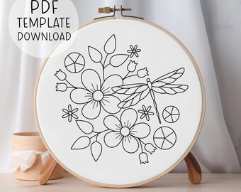 Floral Dragonfly Embroidery Pattern Download, Insect Embroidery Design, Aesthetic Decor Dragonflies Embroidery Design, Nature Embroidery