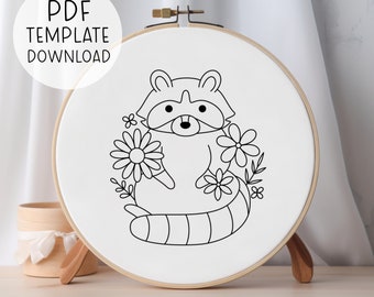 Raccoon Floral Embroidery Pattern, Cute Raccoon Embroidery Design, Kids Embroidery Pattern, Trash Panda Embroidery Pattern