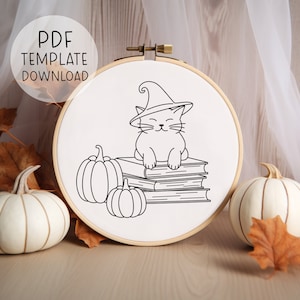 Witchy Cat Embroidery Pattern Download,  Witch Cat Embroidery Halloween Cat Pattern PDF, Fall Embroidery Pumpkin Embroidery Pattern Design