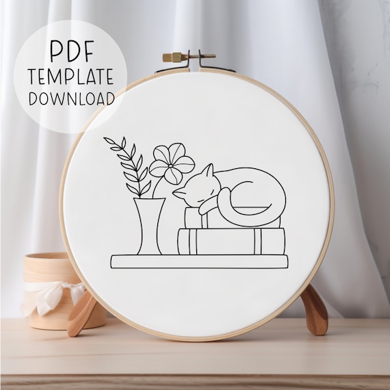 Book Shelf Embroidery Pattern, Cat Embroidery Template, Reading Book Decor Hand Embroidery Bookshelf Art DIY Embroidery Gift For Book Lover