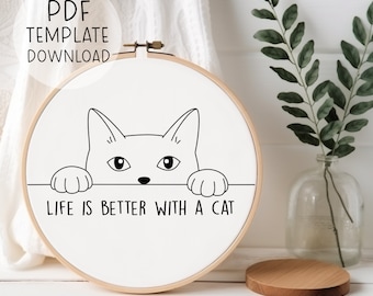 猫の名言刺繍パターン、簡単な猫の刺繍パターン PDF、猫の女性の装飾 DIY、初心者向け猫のニードルポイント、猫好きへの刺繍ギフト