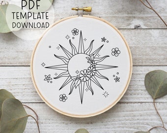 Sun Flower Embroidery Pattern PDF Download, Embroidery Pattern Moon, Cosmic Embroidery Design, Celestial Embroidery Sun And Stars Embroidery