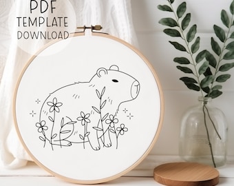 Stickmuster Capybara (PDF), niedliches Handstickmuster, Stickvorlage Capybara, lustiges Stickmuster, Stickerei mit niedlichen Tieren